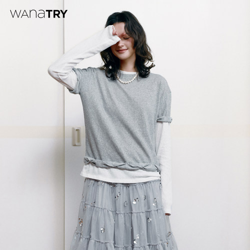 wanatry纯棉捏褶花边假两件T恤
