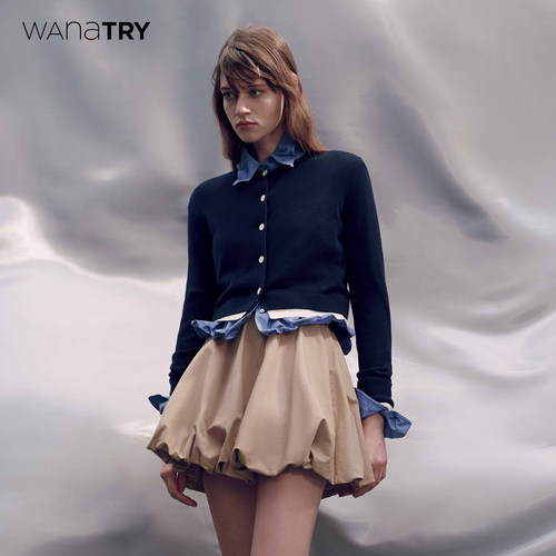 wanatry羊毛拼色休闲藏青针织衫