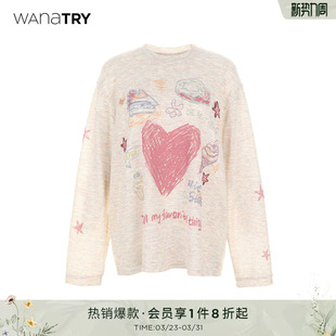 宽松简约百搭上衣女 新款 wana try手绘可爱图案杏粉色T恤2025秋季