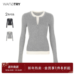 新款 冬季 女灰色假两件简约上衣内搭 try羊毛拉链半开襟针织衫 wana