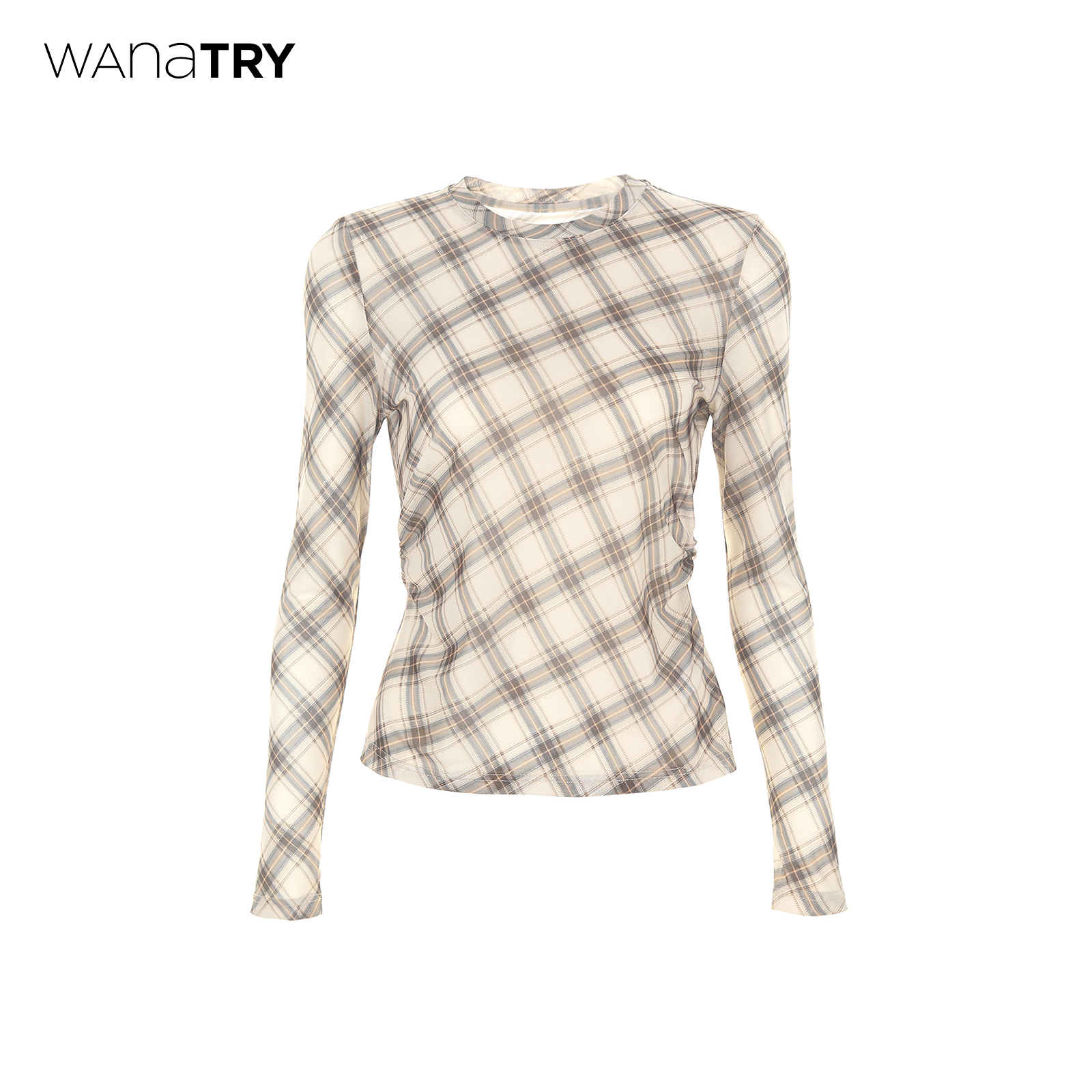 wanatry格纹斜裁贴身柔软打底衫