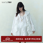 wana 韩系设计感上衣 新款 try真丝波浪花边大翻领系带开襟衬衫 春季