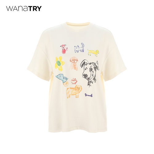 wanatry手绘涂鸦小狗杏色T恤