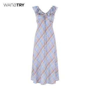 try 少女连衣裙波浪格纹裙子夏季 wana 天青蓝法式 新款 甜美女装
