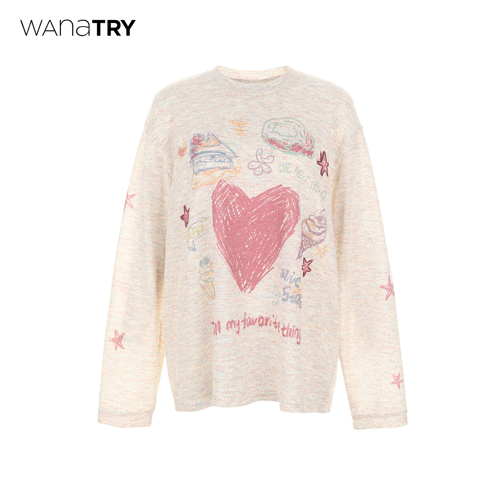 wana try手绘可爱图案杏粉色T恤2025秋季新款宽松简约百搭上衣女