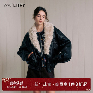 时髦女款 新款 上衣 try仿毛领休闲夹棉黑色皮衣外套2025秋季 wana