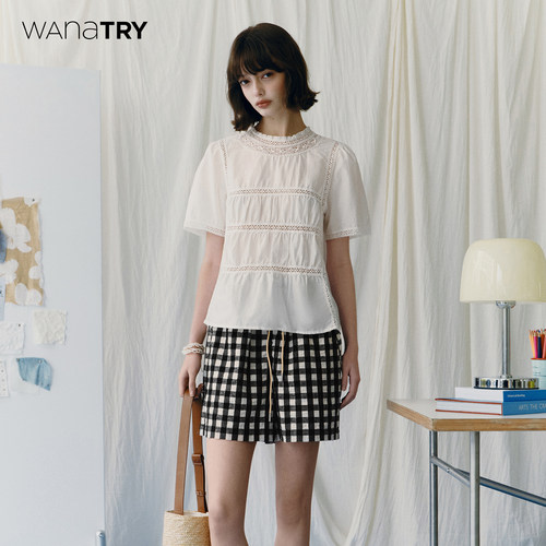 wanatry法式蕾丝拼接抽褶上衣