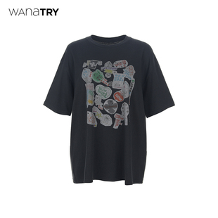 女 不掉色复古休闲短袖 wana try棉麻砂洗特殊工艺印花T恤早春新品