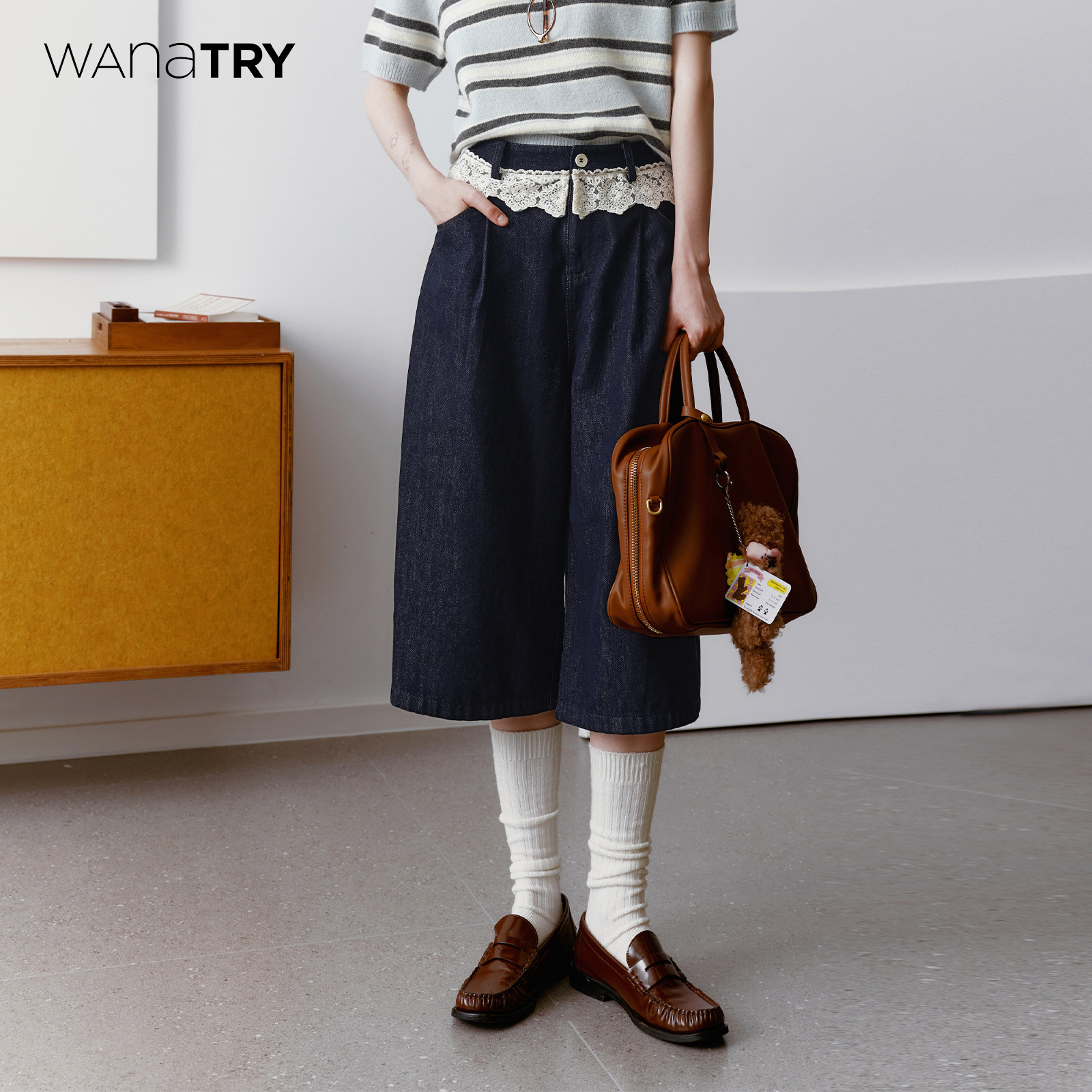 wanatry蕾丝花边阔腿牛仔短裤