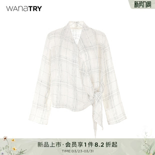 新款 春季 设计感时髦通勤透气上衣女 try格纹气质系带亚麻衬衫 wana