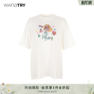 宽松休闲百搭短袖 新款 女 try纯棉手绘卡通人鱼小公主T恤春季 wana