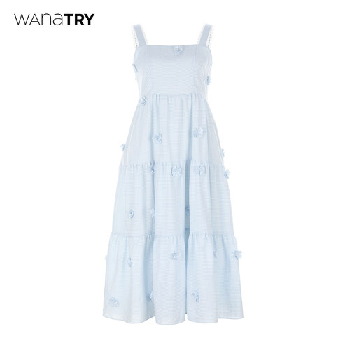 wanatry蓝白格纹装饰花朵连衣裙