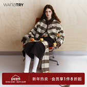 新款 wana try羊毛格纹外套可拆卸围巾上衣冬季 女米咖俏皮减龄外搭