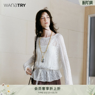 气质上衣高级女款 新款 内搭 try马海毛羊毛镂空针织毛衣喇叭袖 wana