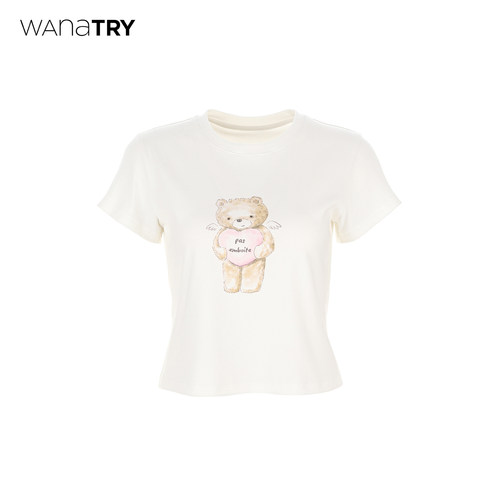 wanatry天使小熊爱心短款T恤