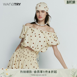 复古时髦女装 wana 一字领精致法式 新款 try波点褶皱感抹胸上衣春季