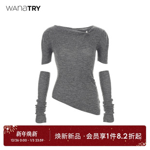 含袖 针织衫 套深灰色2025冬季 新款 wana 时髦女装 try羊毛羊驼毛短袖