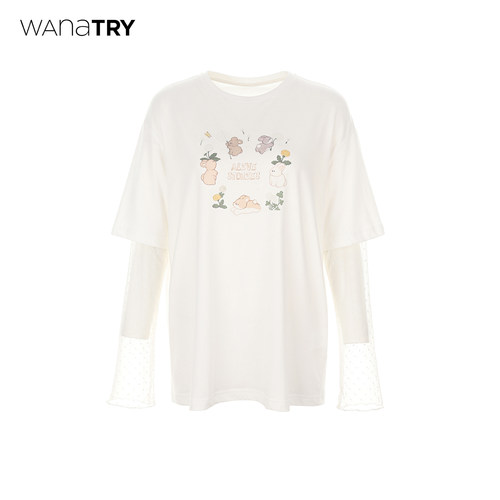 wanatry纯棉网纱袖假两件T恤