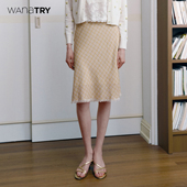 wana 气质通勤时髦高腰女裙 新款 try法式 复古斜裁毛边显瘦半裙春季
