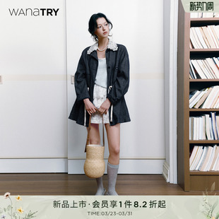 轻工装 新款 时髦上衣女 try亚麻巴恩风花边领收腰牛仔外套春季 wana