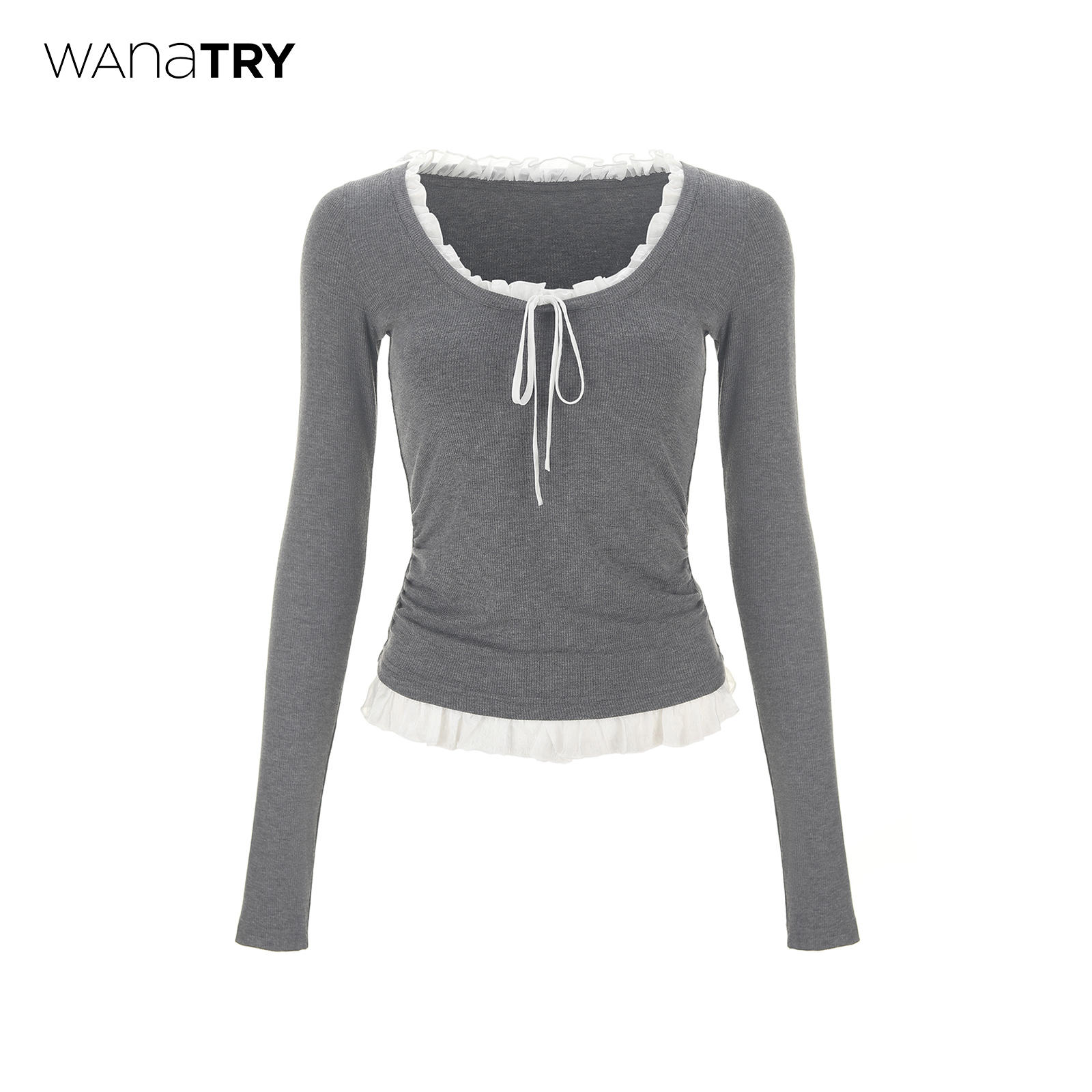 wanatry蝴蝶结修身浅花灰打底衫