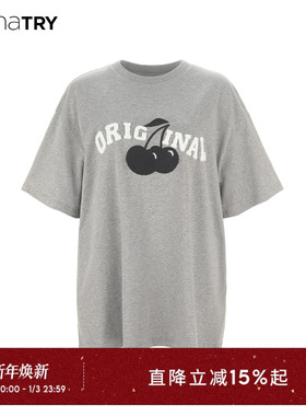 【明星同款】wana try植绒樱桃廓形宽松灰色T恤2025春季新款短袖