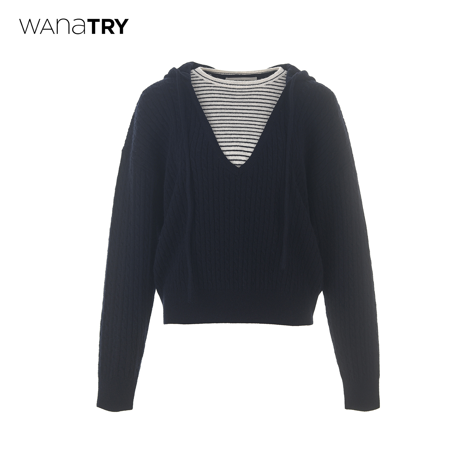 wanatry羊毛假两件连帽扭花毛衣