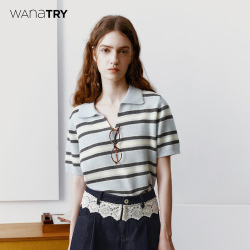 wanatry羊毛翻领条纹针织上衣