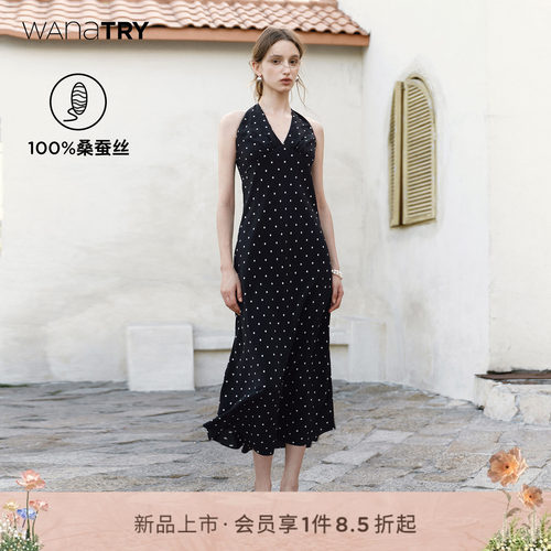 wanatry100%桑蚕丝波点连衣裙