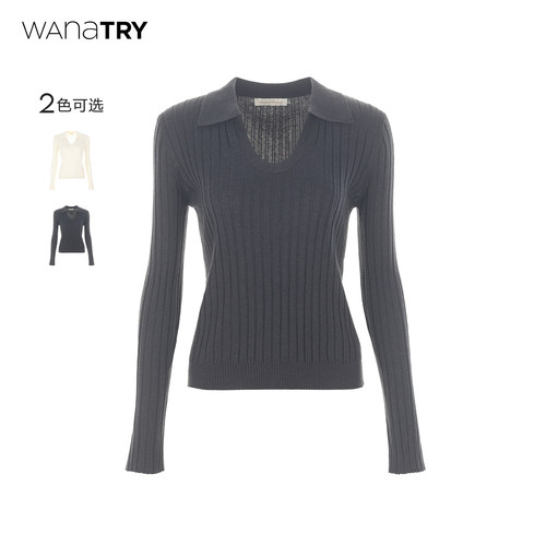 wanatry翻领羊毛混纺舒适针织衫
