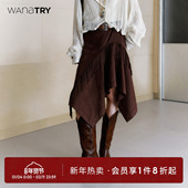 wana 流浪感 新款 try麂皮不对称流苏装 饰棕咖色半裙含腰带2025秋季