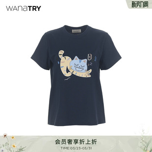 短袖 wana 休闲简约女款 新款 try猫咪贴布刺绣藏青色T恤2026夏季
