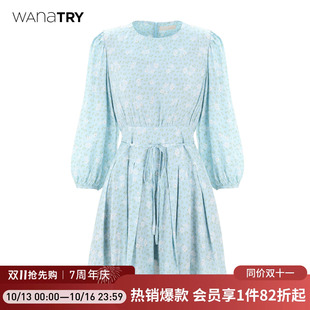 wana try超温柔甜妹款长袖圆领七分连衣裙日常休闲修身女款中长裙