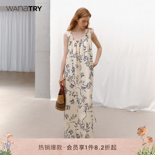 wanatry亚麻莱赛尔水墨画连衣裙
