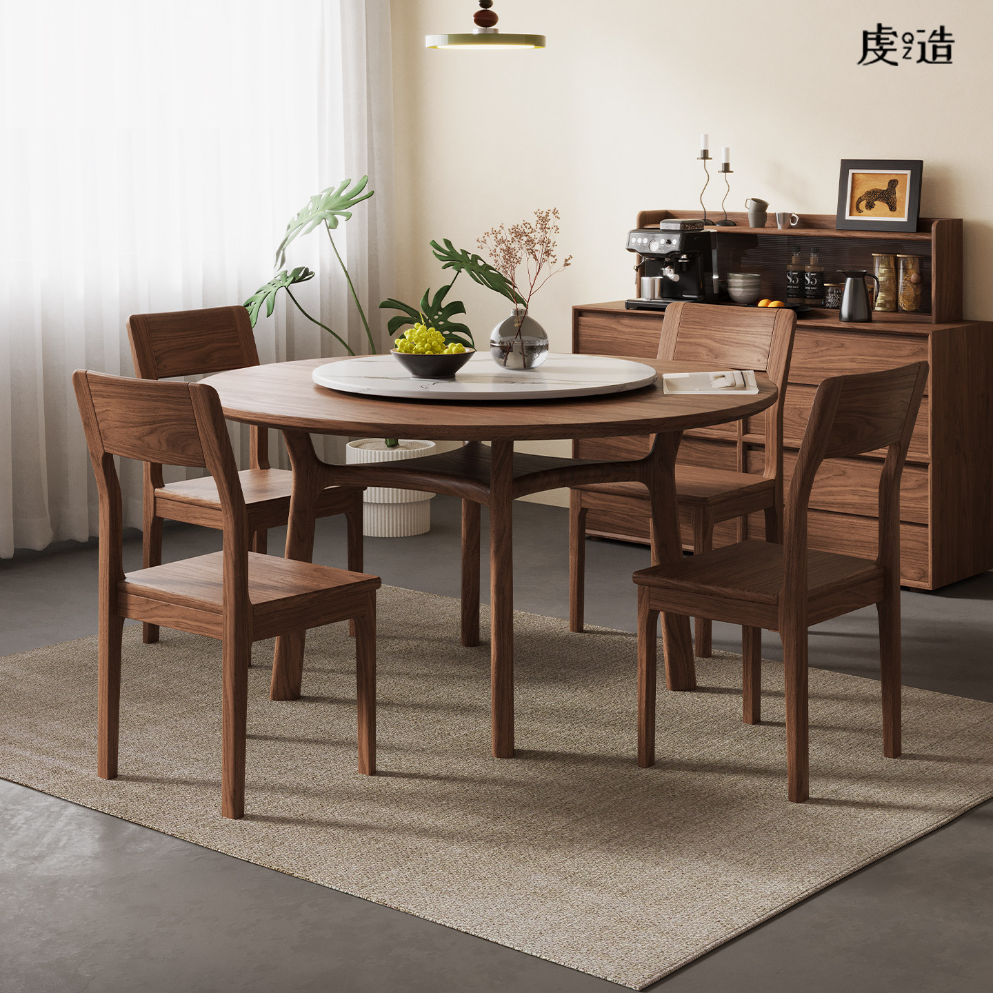 中式胡桃木实木圆桌中古风餐桌