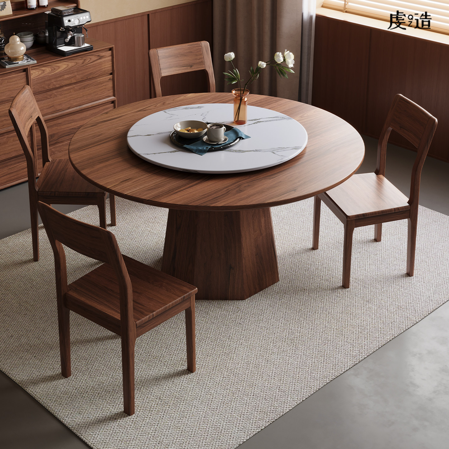 黑胡桃木2026新款圆形餐桌中古风大圆桌实木餐客厅家用桌椅小户型