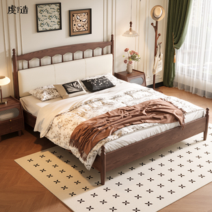 虔造法式复古白蜡木实木床双人1米8主卧大床中古风双人床卧室床