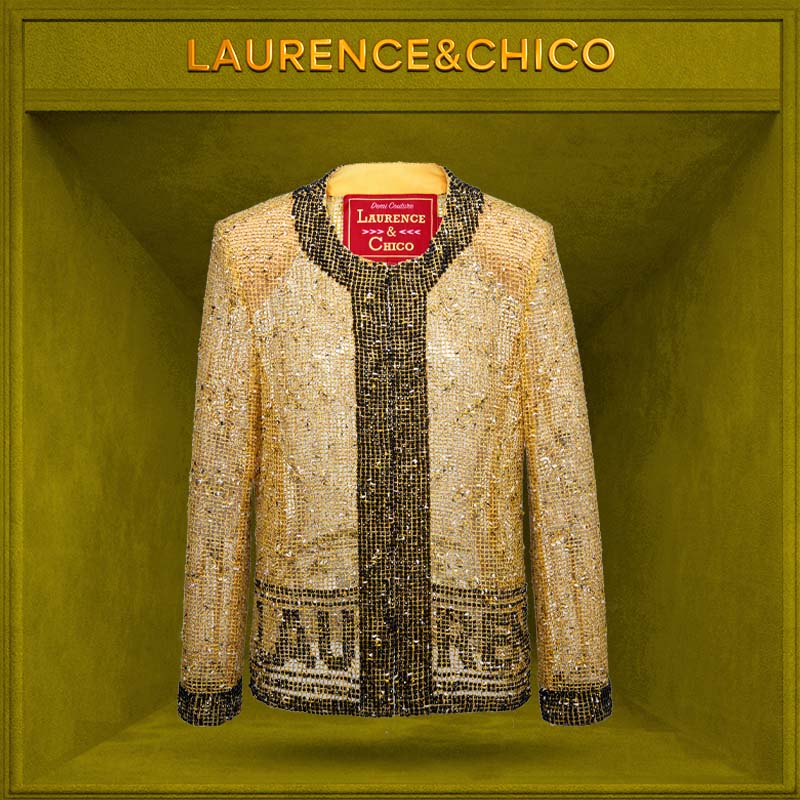 LC【重奢手工】黄色钉珠花呢开衫高级透视短外套2025新款春季上衣