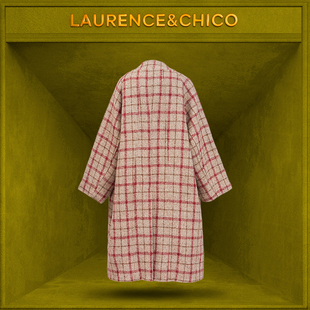 LC灵蛇扣羊毛呢廓形格子裥棉大衣，咖啡色（扣子颜色随机发）