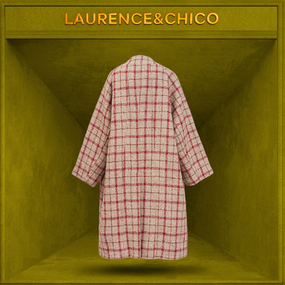 LC灵蛇扣羊毛呢廓形格子裥棉大衣，咖啡色（扣子颜色随机发）