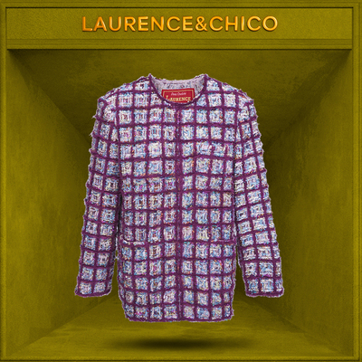 LC手工抽纱棋盘格真丝外套，紫色