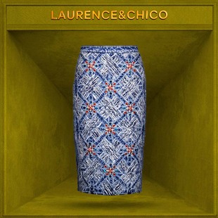 LC钻饰手编米字格牛仔长半裙蓝色