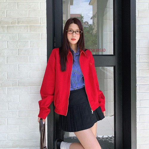 MySugarBabeMSB红色翻领通勤夹克秋季新款男女百搭宽松短款外套潮