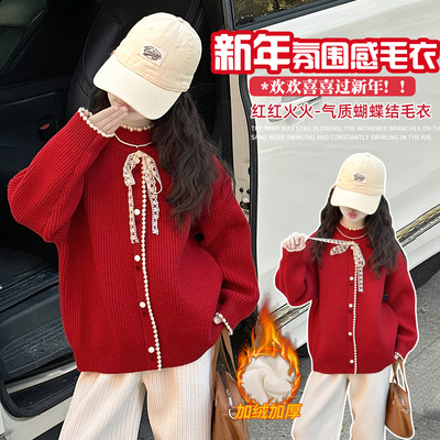 韩国女童学院风红色蝴蝶结针织衫