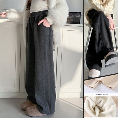 女童加绒裤子秋冬款阔腿裤女大童冬季加厚直筒裤羊羔绒直筒休闲裤