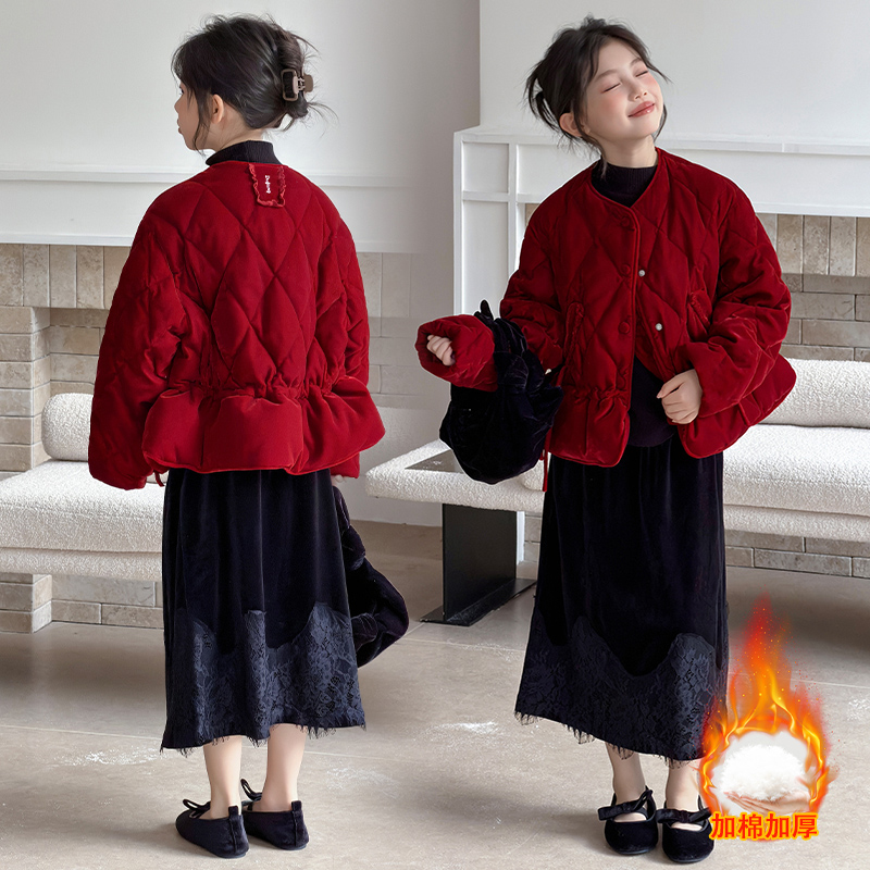 韩国女童拜年服套装冬装2025新款儿童洋气中大童棉衣过年连衣裙潮