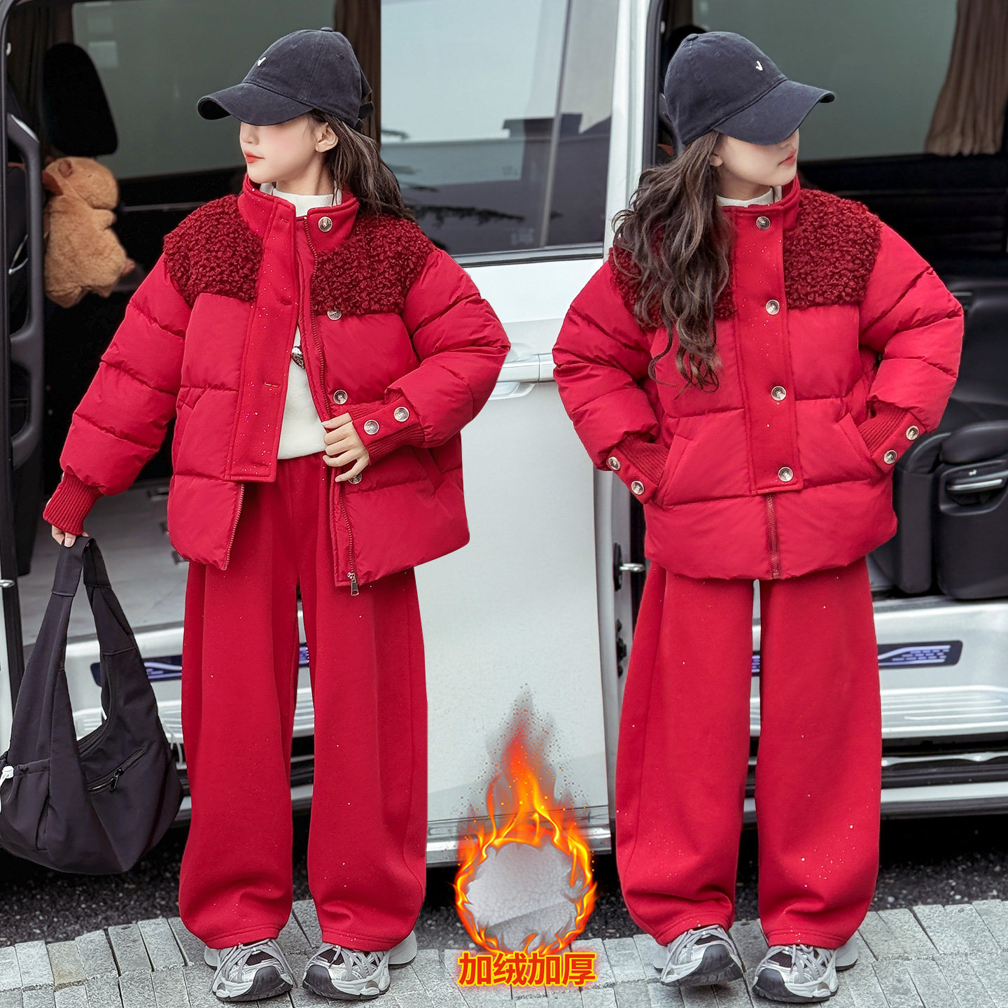 韩国女童羽绒棉棉服套装2025新款儿童洋气中大童加绒加厚年服裤子