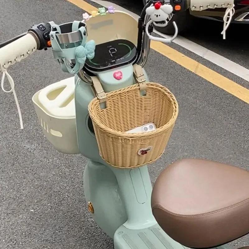 电动车挂包前置藤编车筐电瓶车自行车通用款多功能置物收纳筐神器