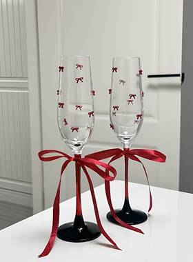 红色蝴蝶结结婚敬酒杯一对香槟杯手工diy材料送闺蜜朋友新婚礼物