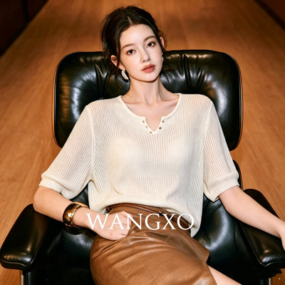 恩佳专享～夏季女士薄款v领浅灰冰丝针织短袖t恤女2213
